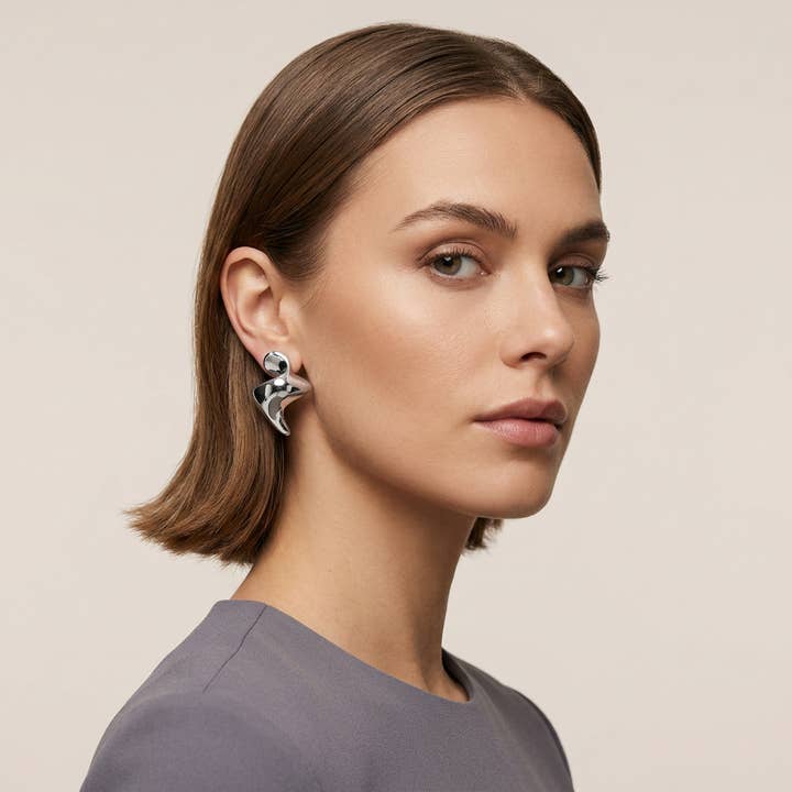 Rhodium Abstract Sculptural Fluid Stud Earrings — listing image 2 of 5